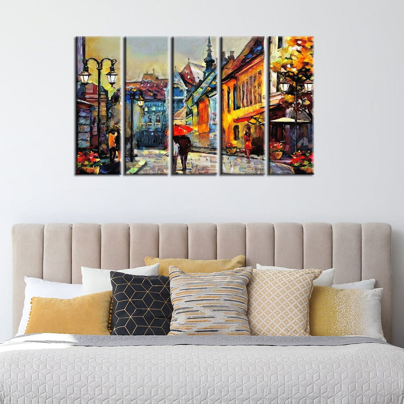decorglance Home & Garden > Decor > Artwork > Posters, Prints, & Visual Artwork Panel Painting Town Street Artistic View Canvas Wall Painting- With 5 Frames