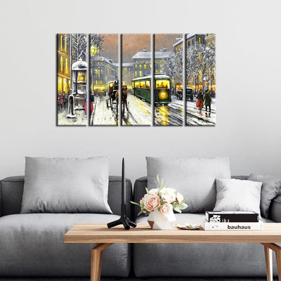 decorglance Home & Garden > Decor > Artwork > Posters, Prints, & Visual Artwork Panel Painting Tram In The Street Canvas Wall Painting- With 5 Frames