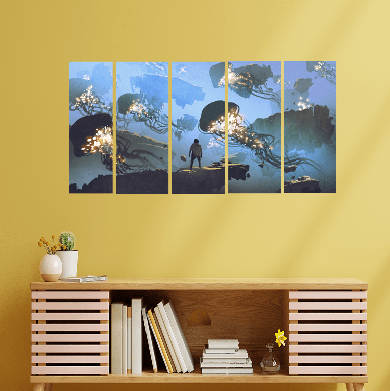 decorglance Home & Garden > Decor > Artwork > Posters, Prints, & Visual Artwork Panel Paintings Underwater Jelly Fish View Canvas Wall Painting - With 5 Panel