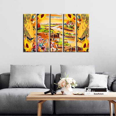 decorglance Home & Garden > Decor > Artwork > Posters, Prints, & Visual Artwork Panel Painting Village Madhubani Canvas Wall Painting- With 5 Frames