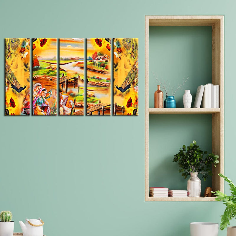 decorglance Home & Garden > Decor > Artwork > Posters, Prints, & Visual Artwork Panel Painting Village Madhubani Canvas Wall Painting- With 5 Frames