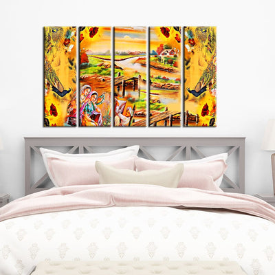 decorglance Home & Garden > Decor > Artwork > Posters, Prints, & Visual Artwork Panel Painting Village Madhubani Canvas Wall Painting- With 5 Frames