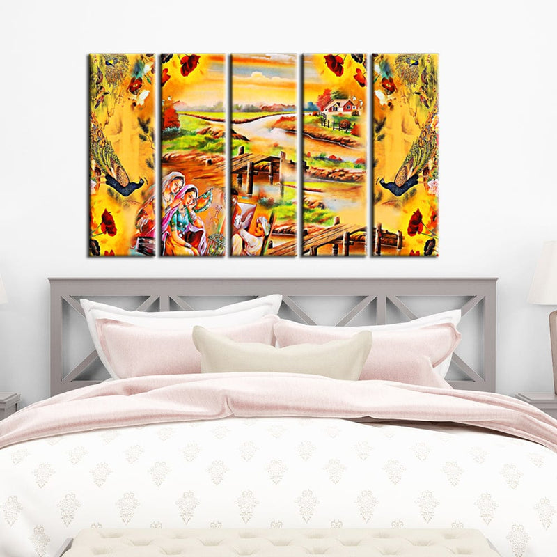 decorglance Home & Garden > Decor > Artwork > Posters, Prints, & Visual Artwork Panel Painting Village Madhubani Canvas Wall Painting- With 5 Frames