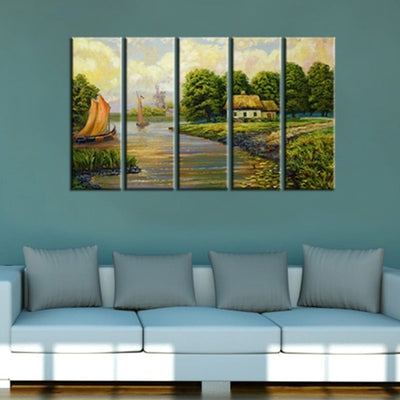 decorglance Home & Garden > Decor > Artwork > Posters, Prints, & Visual Artwork Panel Painting Village View Canvas Wall Painting- With 5 Frames