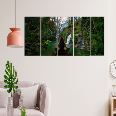 decorglance Home & Garden > Decor > Artwork > Posters, Prints, & Visual Artwork Panel Paintings Woman Doing Meditation In Front Of waterfall Canvas Wall Painting - With 5 Panel