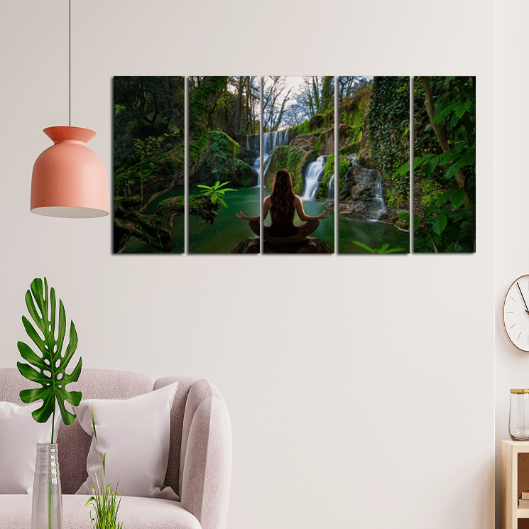 decorglance Home & Garden > Decor > Artwork > Posters, Prints, & Visual Artwork Panel Paintings Woman Doing Meditation In Front Of waterfall Canvas Wall Painting - With 5 Panel