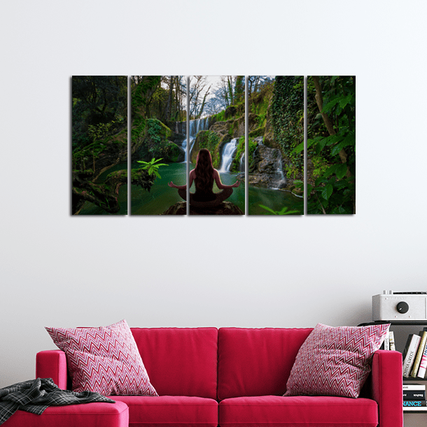 decorglance Home & Garden > Decor > Artwork > Posters, Prints, & Visual Artwork Panel Paintings Woman Doing Meditation In Front Of waterfall Canvas Wall Painting - With 5 Panel