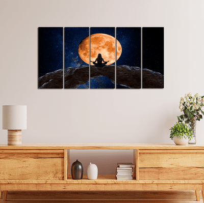 decorglance Home & Garden > Decor > Artwork > Posters, Prints, & Visual Artwork Panel Paintings Woman Meditating In Front Of Moon Canvas Wall Painting - With 5 Panel