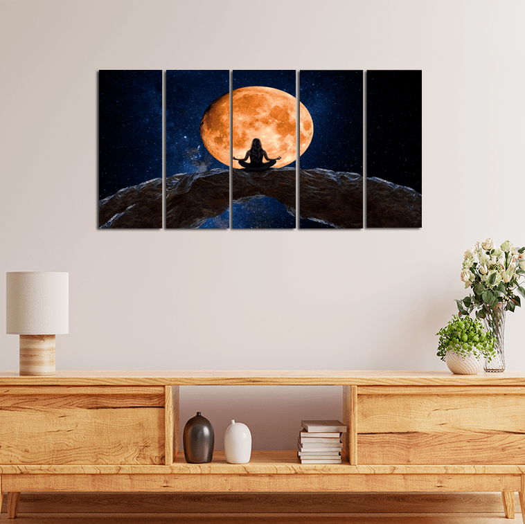 decorglance Home & Garden > Decor > Artwork > Posters, Prints, & Visual Artwork Panel Paintings Woman Meditating In Front Of Moon Canvas Wall Painting - With 5 Panel