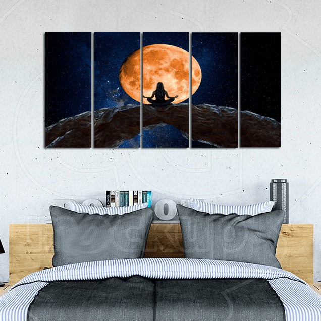 decorglance Home & Garden > Decor > Artwork > Posters, Prints, & Visual Artwork Panel Paintings Woman Meditating In Front Of Moon Canvas Wall Painting - With 5 Panel