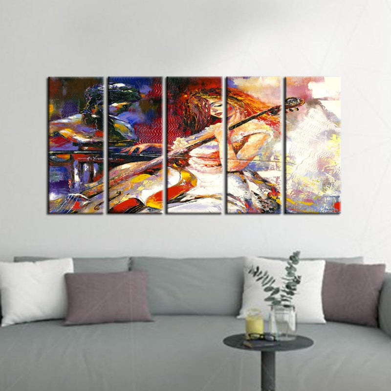 decorglance Home & Garden > Decor > Artwork > Posters, Prints, & Visual Artwork Panel Painting Woman Playing Guitar Canvas Wall Painting- With 5 Panel