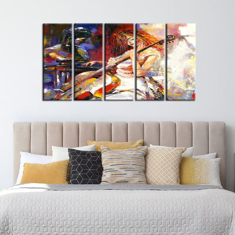 decorglance Home & Garden > Decor > Artwork > Posters, Prints, & Visual Artwork Panel Painting Woman Playing Guitar Canvas Wall Painting- With 5 Panel