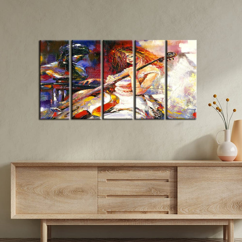 decorglance Home & Garden > Decor > Artwork > Posters, Prints, & Visual Artwork Panel Painting Woman Playing Guitar Canvas Wall Painting- With 5 Panel