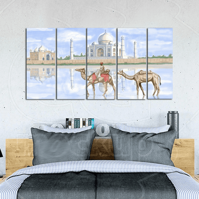 decorglance Home & Garden > Decor > Artwork > Posters, Prints, & Visual ArtworkHome & Garden > Decor > Artwork > Posters, Prints, & Visual Artwork Panel Paintings Taj Mahal With Camel Canvas Wall Painting - With 5 Frames