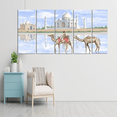 decorglance Home & Garden > Decor > Artwork > Posters, Prints, & Visual ArtworkHome & Garden > Decor > Artwork > Posters, Prints, & Visual Artwork Panel Paintings Taj Mahal With Camel Canvas Wall Painting - With 5 Frames
