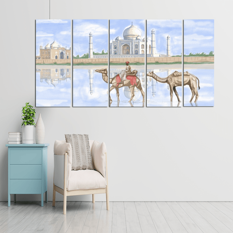 decorglance Home & Garden > Decor > Artwork > Posters, Prints, & Visual ArtworkHome & Garden > Decor > Artwork > Posters, Prints, & Visual Artwork Panel Paintings Taj Mahal With Camel Canvas Wall Painting - With 5 Frames