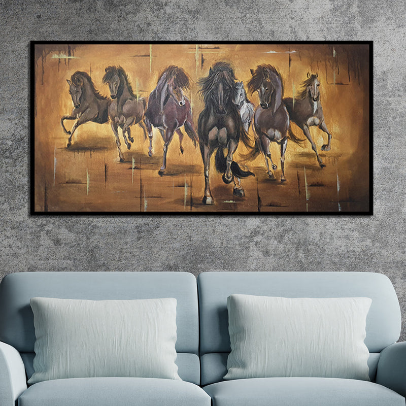 Acrylic Handmade Seven Horse Canvas Wall Painting (Hand Painting)