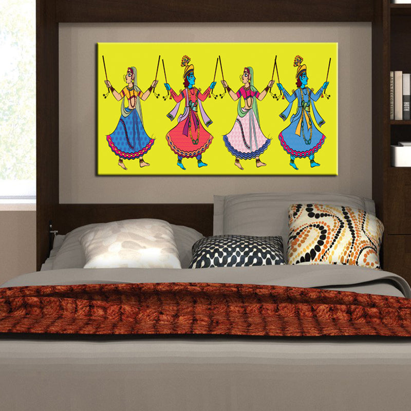 Dandiya Dancer In Madhubani Pattern Canvas Wall Painting