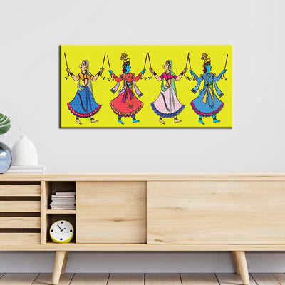 Dandiya Dancer In Madhubani Pattern Canvas Wall Painting