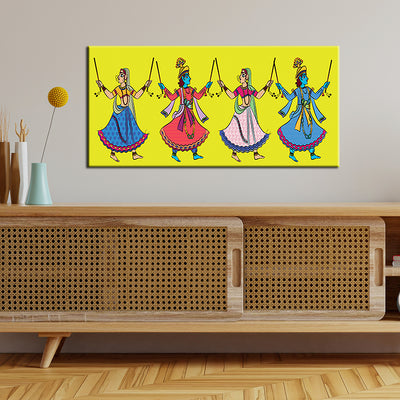 Dandiya Dancer In Madhubani Pattern Canvas Wall Painting