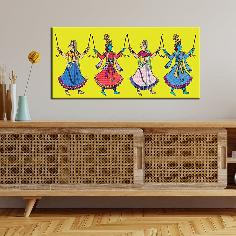 Dandiya Dancer In Madhubani Pattern Canvas Wall Painting
