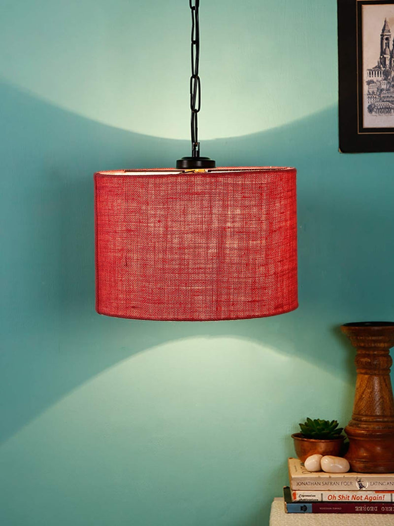 DecorGlance Lamps Pink Jute Drum Hanging Lamp