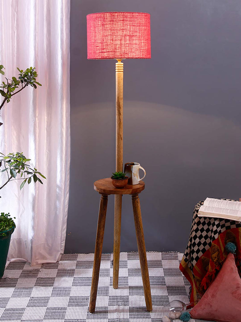 DecorGlance Lamps Pink Jute Drum Shade Wood Natural Table Floor lamp