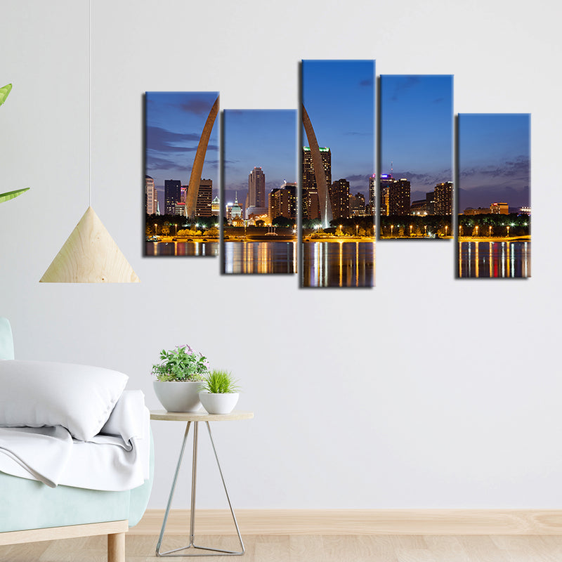 City Lake View Canvas Wall Painting- With 5 Frames