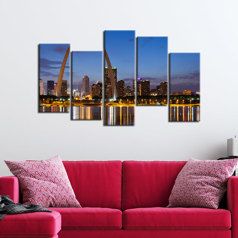 City Lake View Canvas Wall Painting- With 5 Frames
