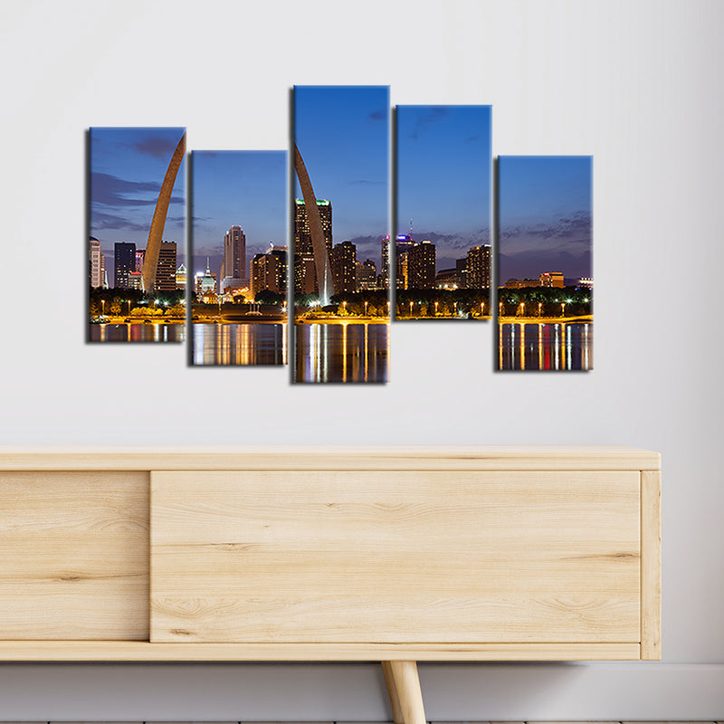 City Lake View Canvas Wall Painting- With 5 Frames