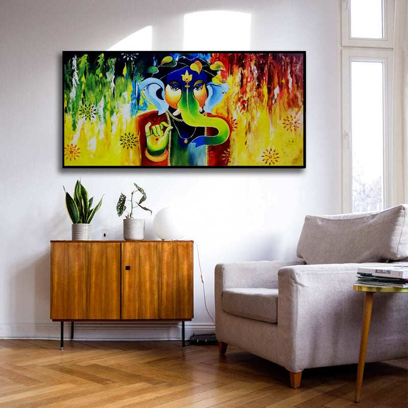 Handmade Multicolored Abstract Ganesha Art Canvas Wall Painting (Acrylic Color)