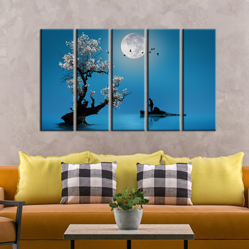 Fishing Under The Moon Light Canvas - With 5 Frames