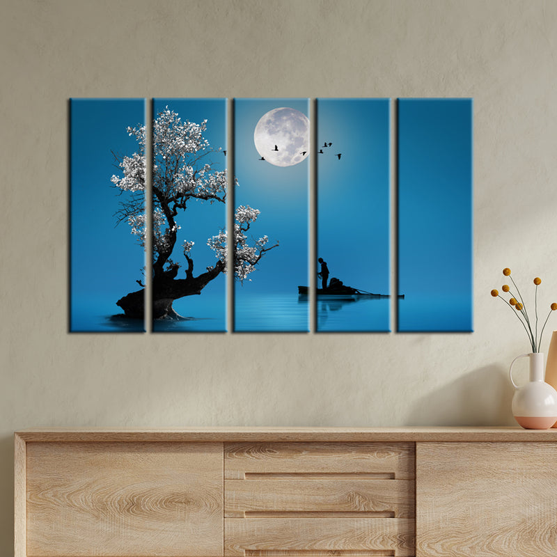 Fishing Under The Moon Light Canvas - With 5 Frames