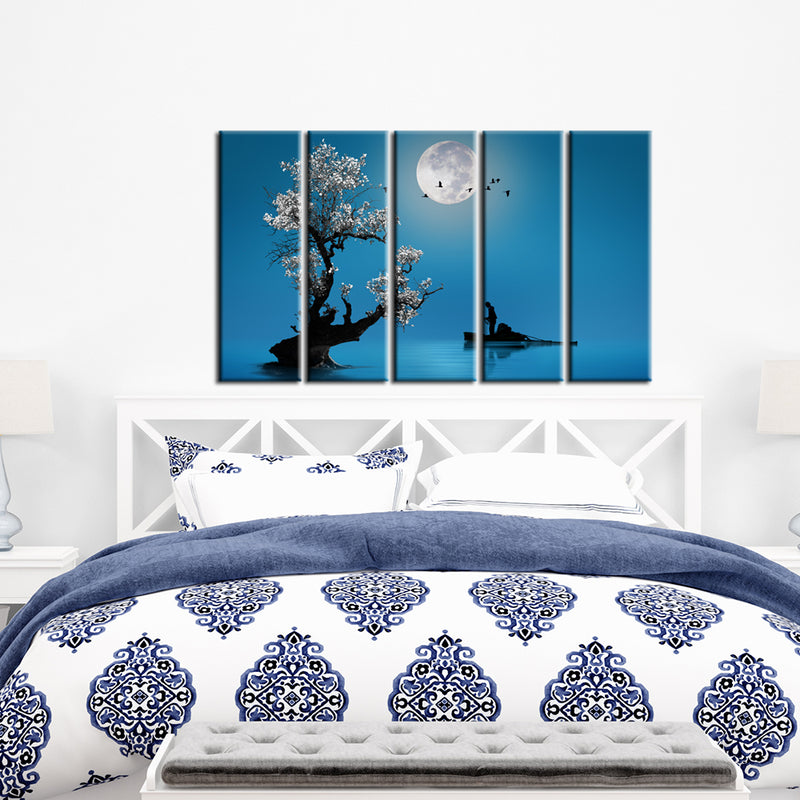 Fishing Under The Moon Light Canvas - With 5 Frames