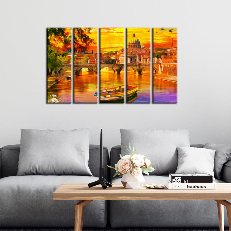 Abstract Lake Scenery Canvas Wall Painting- With 5 Frames