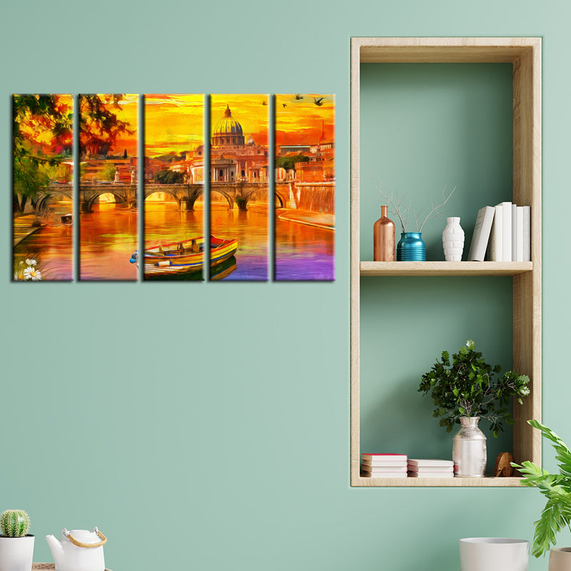 Abstract Lake Scenery Canvas Wall Painting- With 5 Frames