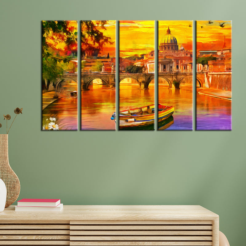 Abstract Lake Scenery Canvas Wall Painting- With 5 Frames