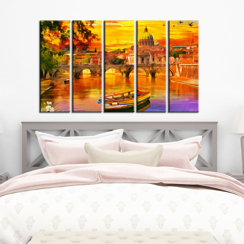 Abstract Lake Scenery Canvas Wall Painting- With 5 Frames