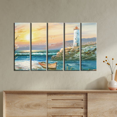 Lighthouse View Canvas Wall Painting- With 5 Frames