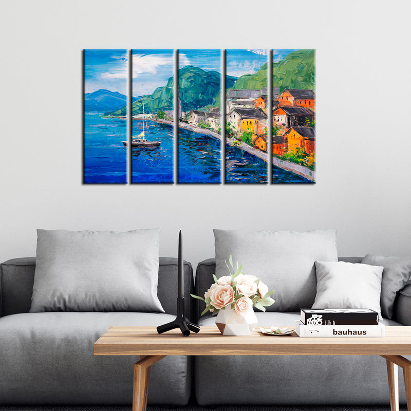 Lakeside Village Artistic Art Canvas Wall Painting- With 5 Frames