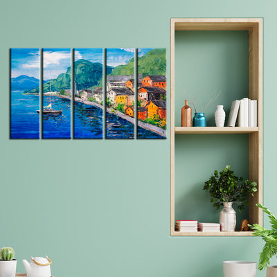 Lakeside Village Artistic Art Canvas Wall Painting- With 5 Frames