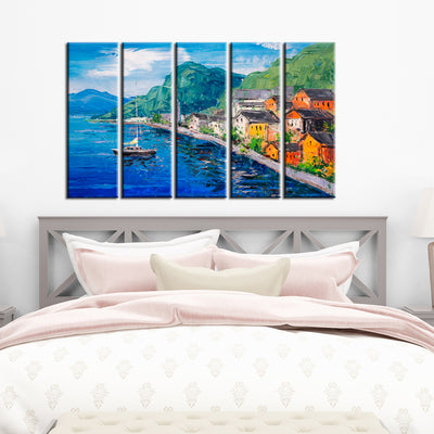 Lakeside Village Artistic Art Canvas Wall Painting- With 5 Frames
