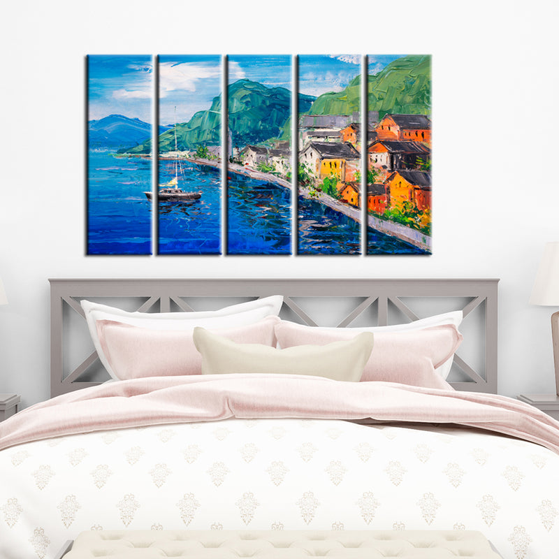 Lakeside Village Artistic Art Canvas Wall Painting- With 5 Frames