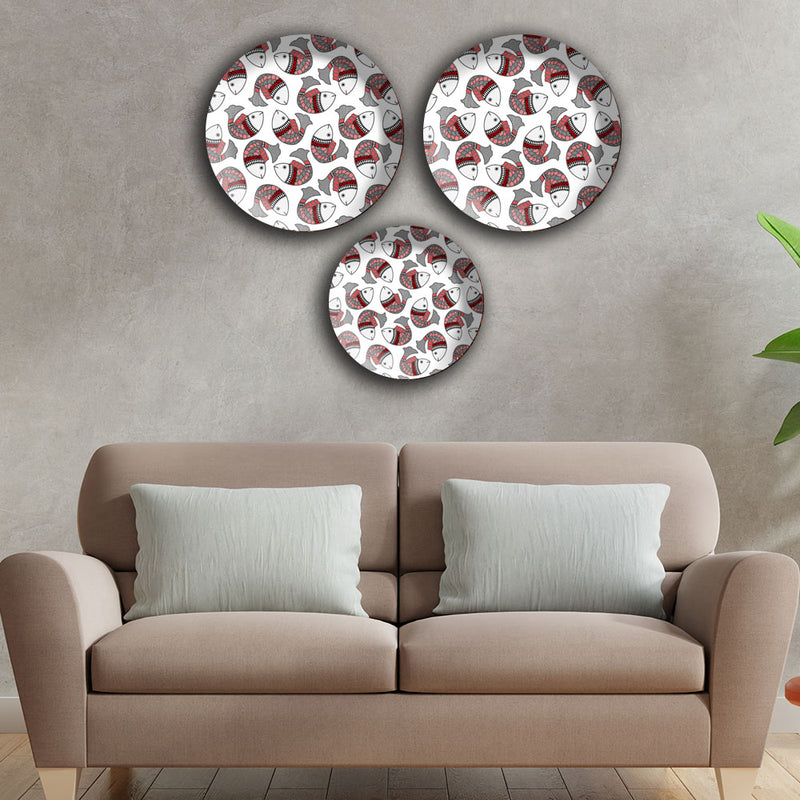 Multiple Fishes In Madhubani Pattern Wall Plates Painting Set of Three