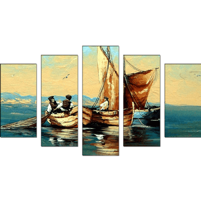 DECORGLANCE Panel painting Oil Color Boat & River View Canvas Wall Painting- With 5 Frames