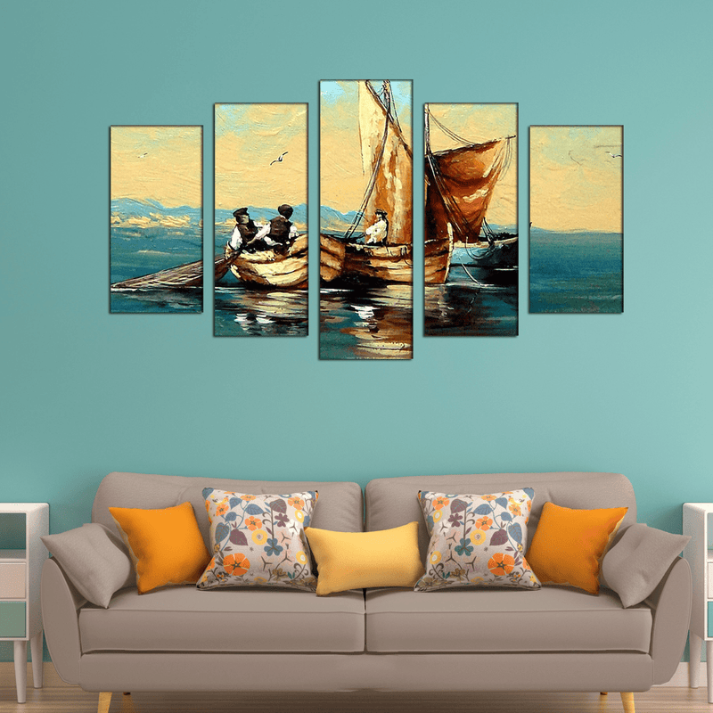 DECORGLANCE Panel painting Oil Color Boat & River View Canvas Wall Painting- With 5 Frames