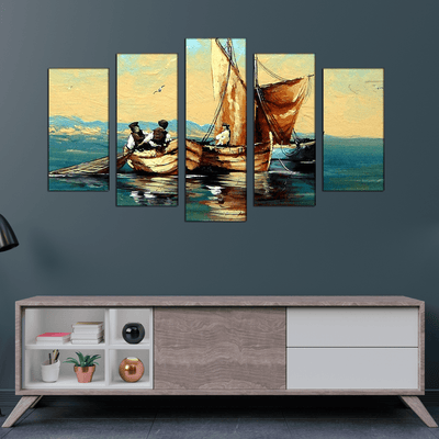 DECORGLANCE Panel painting Oil Color Boat & River View Canvas Wall Painting- With 5 Frames
