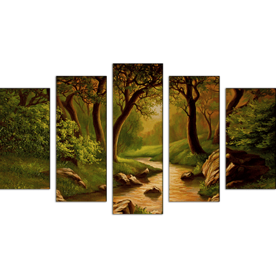 DECORGLANCE Panel painting Oil Color Forest Scenery Art Canvas Wall Painting- With 5 Frames