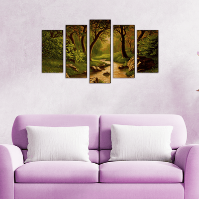 DECORGLANCE Panel painting Oil Color Forest Scenery Art Canvas Wall Painting- With 5 Frames