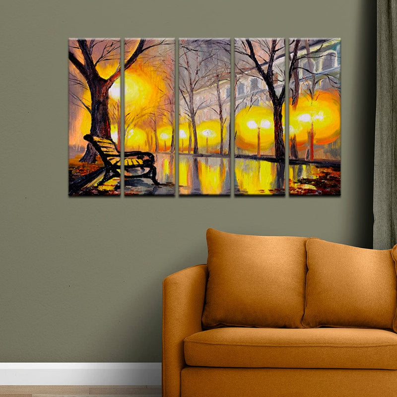 DECORGLANCE Panel painting Panel Painting Oil Painting Autumn Street Canvas Wall Painting- With 5 Frames